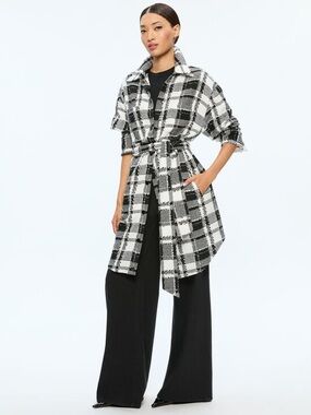 NWT Alice + Olivia Black and White Plaid Belted Shirt Coat